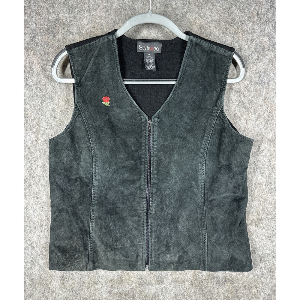 Style & Co Womens Medium Black Suede Leather Vest Zip Front Rose Embroidered
